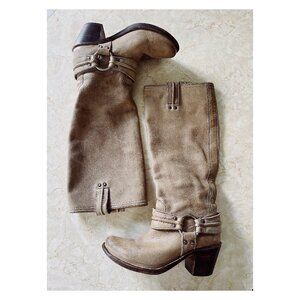 Frye Sz 6.5 Carmen Harness Tall Boots Taupe Gray Leather